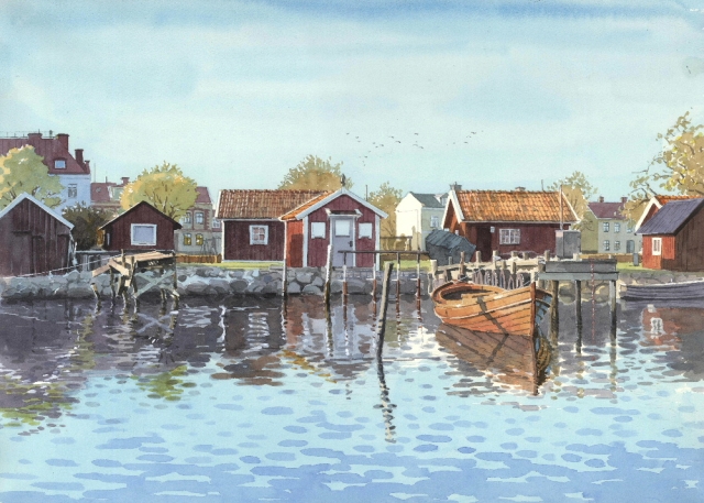 Reproducerad akvarell/giclée - Fiskestugorna på Ängö